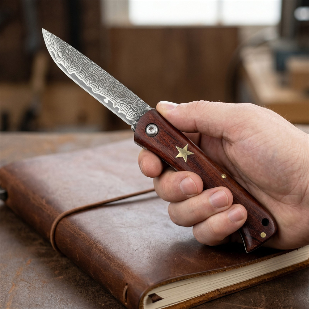 Edc Fixed Blade Deep Carry - มีดพับดามัสกัสขนาดกะทัดรัดสำหรับเอาตัวรอดกลางแจ้ง ด้ามไม้โรสวูด หัวดาวทองเหลือง EDC สำหรับตั้งแคมป์ ล่าสัตว์